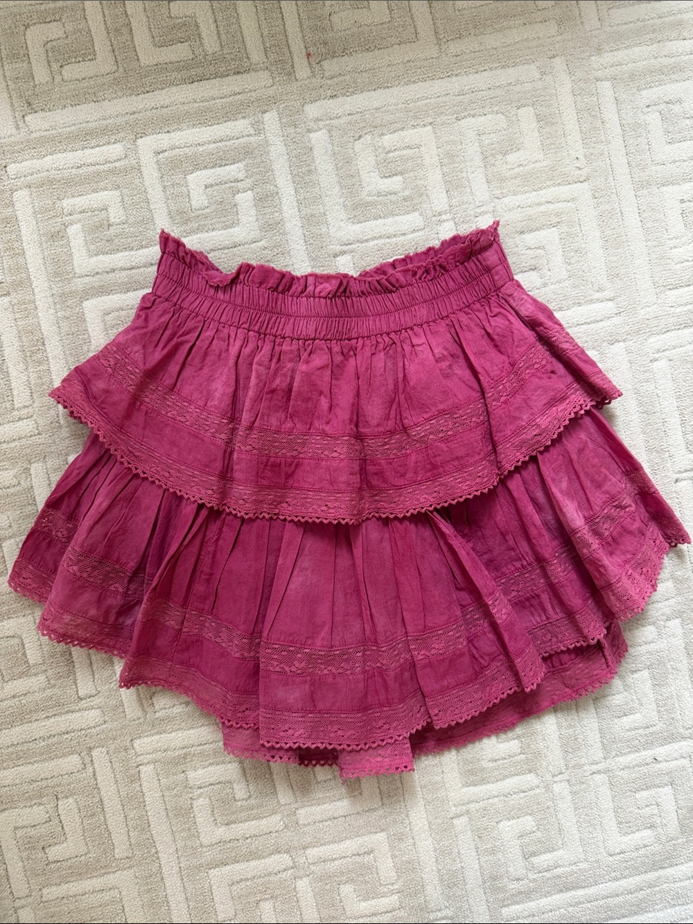 LoveShackFancy Tiered Ruffle Mini Skirt in Berry Pink